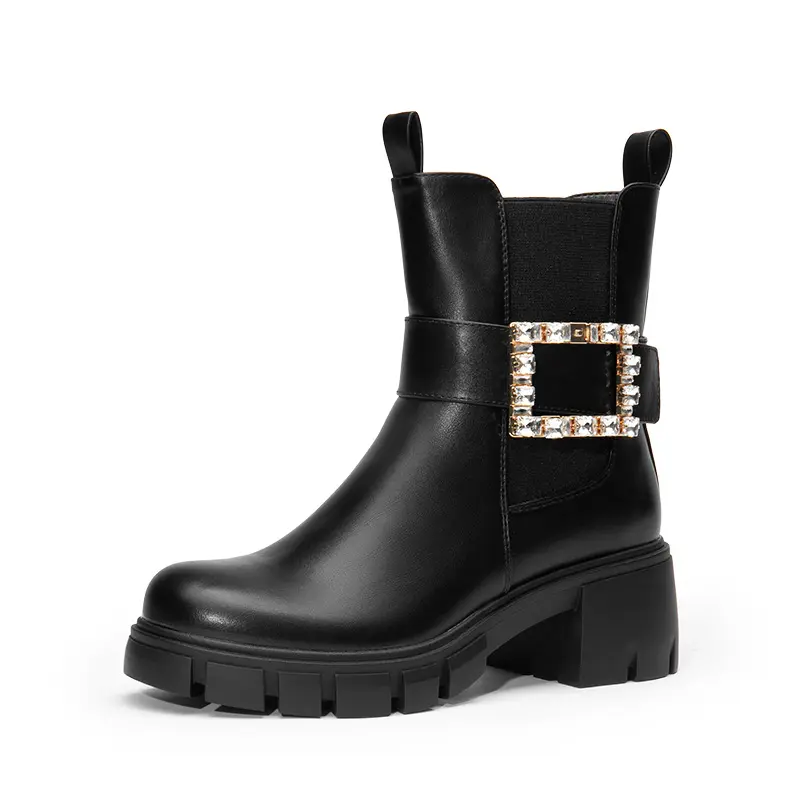 Dream Pairs Women's Stylish Chunky Chelsea Ankle Booties, Pull-On Footwear with Sparkly Rhinestone Buckle, Thick Sole Statement Shoes, Shoe