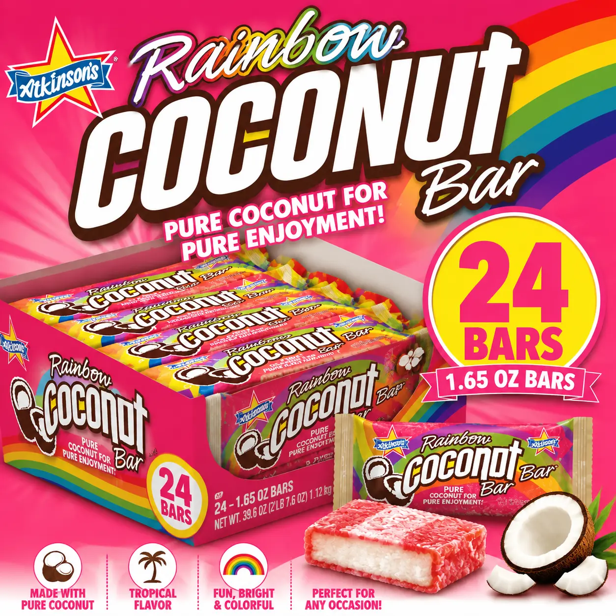 Atkinson's Rainbow Coconut Bars 1.65 oz 24 Count  Colorful Coconut Chewy Candy Bars | Individually Wrapped Retro Treats