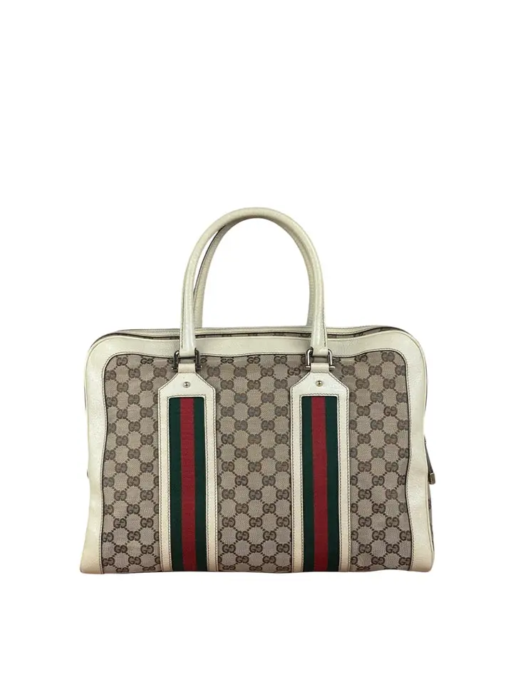 Pre-owned GUCCI Canvas + Leather Shoulder Bags Leather Trim Monogram Canvas Web Stripe Tote Bag