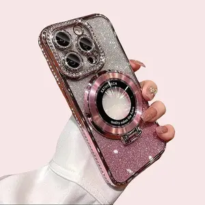 New Magnetic Rhinestone Diamond Glitter Phone Case for iPhone 11-16 Pro Max/Plus | Shiny Design with Built-in Glitter Card Protector