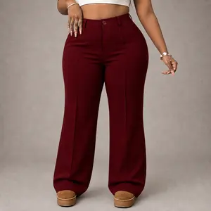 Women's High Waist Straight Leg Trousers, Elegant Burgundy Formal Work Pants for Office, Commute and Everyday Wear