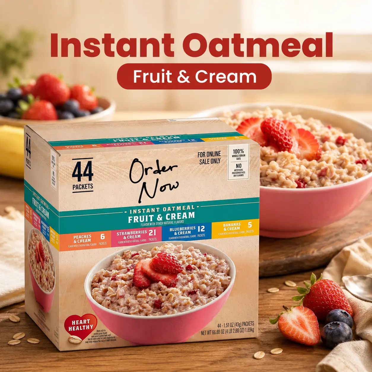 Fruit and Cream Instant Oatmeal Variety Pack Single Serve Breakfast Packets Quick Hot Cereal Meal Assorted Flavors 44 Count Box