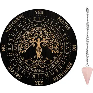 Pendulum Board Set, Wooden Dowsing Divination Board Metaphysical Message Board with  Pendulum Necklace for   Altar Supplies Kit, Tree of Life