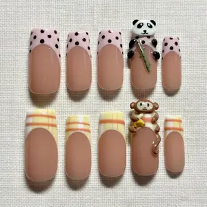 Cute Panda & Monkey Press On Nails, 3D Animal Nail Set, Nude Pink Nails, Plaid Tips, Kawaii Handmade Nails, Short Medium False Nails