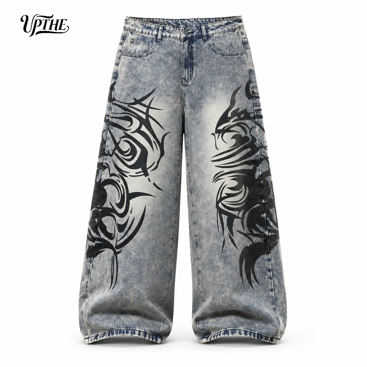 UP.THE Abstract Tribal Tiger Full Print Oversized Wide Leg Baggy Jeans Men Vintage Faded Acid Wash Stacked Denim Pants Y2K Hip Hop Skater Streetwear Daily Casual Outfit