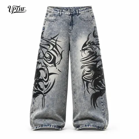 Men's Tribal Print Baggy Oversized Denim Jeans - Faded Acid Wash, Stacked Hems, Loose-Fit, Pocket, Early 2000s Aesthetic, Y2K Hip Hop Skater Men's Jeans, Floor Length, Mens Clothing, Daily Casual Pants