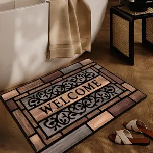 Square Rubber Entrance Floor Mat, Floral Pattern, Thick Durable Home Decor for American Country Style Kitchen Entrance Area