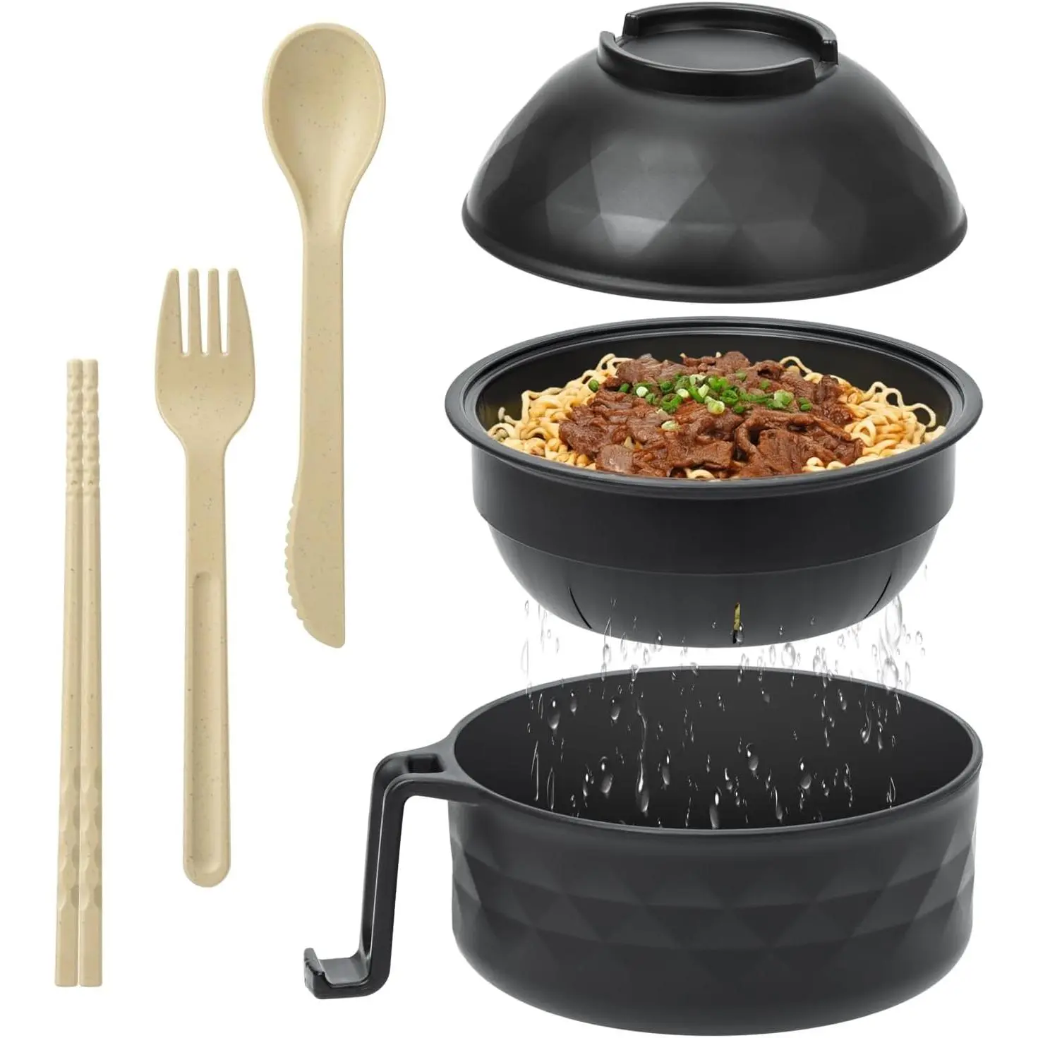 Ramen Cooker,Ramen Bowl Set,Microwave Ramen Bowl, Microwave Bowl with Lid, Portable Noodle Bowls,for Home Office Dorm Room College gift Christmas Tableware Sets Cookware Sets Gift Beige Lightweight