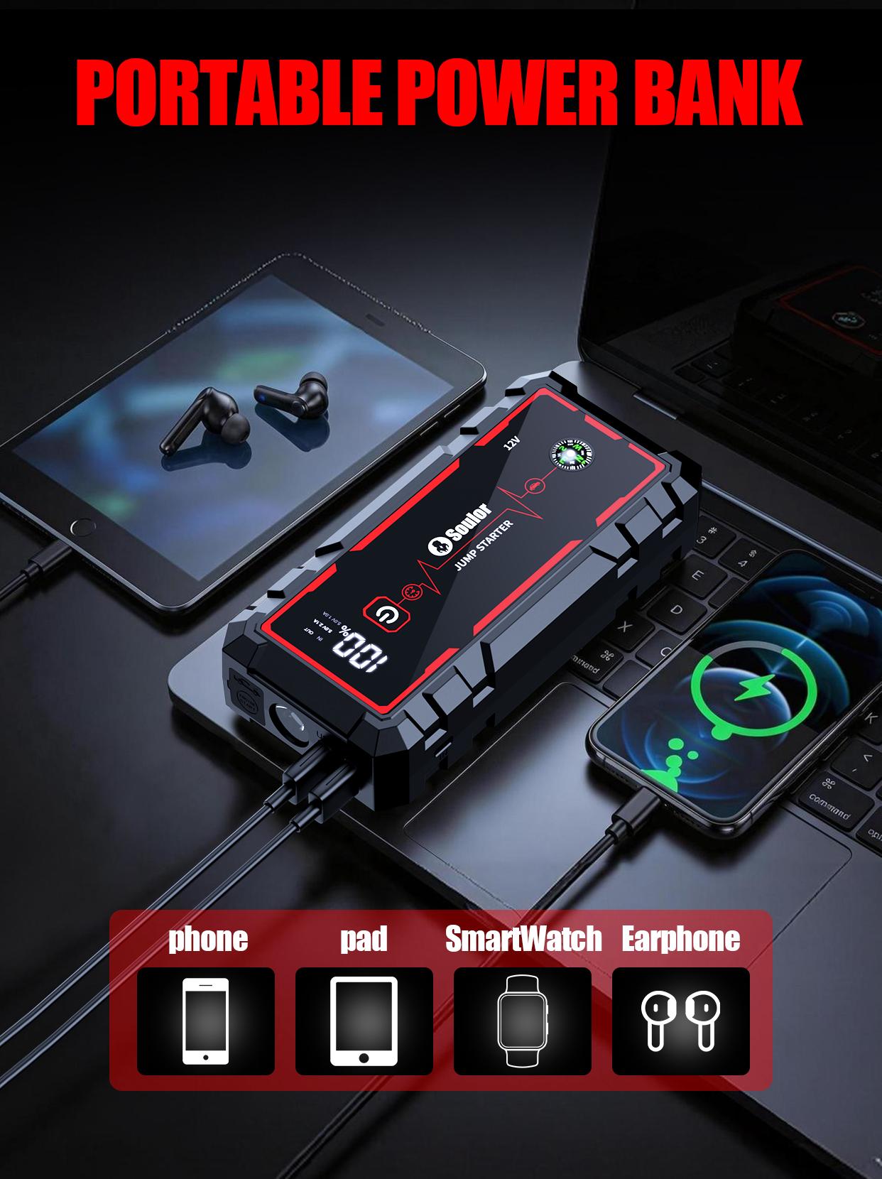Soulor Portable Car Jump Starter with Power Bank, 8000mAh 12V Battery Booster, USB Charging for Phones & Tablets, LED Emergency Light, LCD Display, Heavy-Duty Clamps for Cars, SUVs, Trucks & Motorcycles sohochic