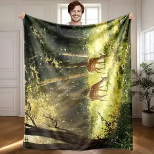 1 piece The fawn foraging in the sunny forest. themed flannel blanket - Modern design flannel blanket, suitable for sofas and beds, all-season use, super soft and warm, digital printing, 100% polyester material, machine washable, suitable for home