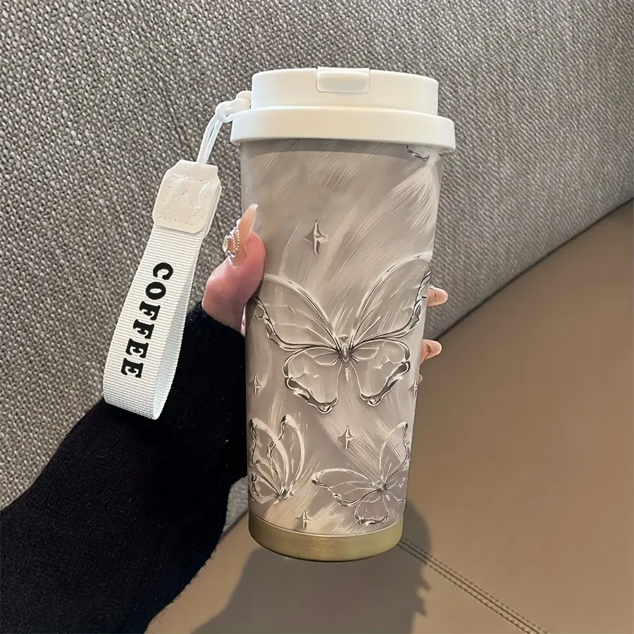 Art Butterfly Coffee Insulated Cup, 530ML with Straw and Lid, Dual Wall Vacuum Travel Mug, To Go Tumbler, Insulated Tumblers, Leak-Proof Cap and Handle, Suitable for Hot/cold Drinks, Stainless Steel Thermos, Leakproof Vacuum Flask, Leakproof Tumbler