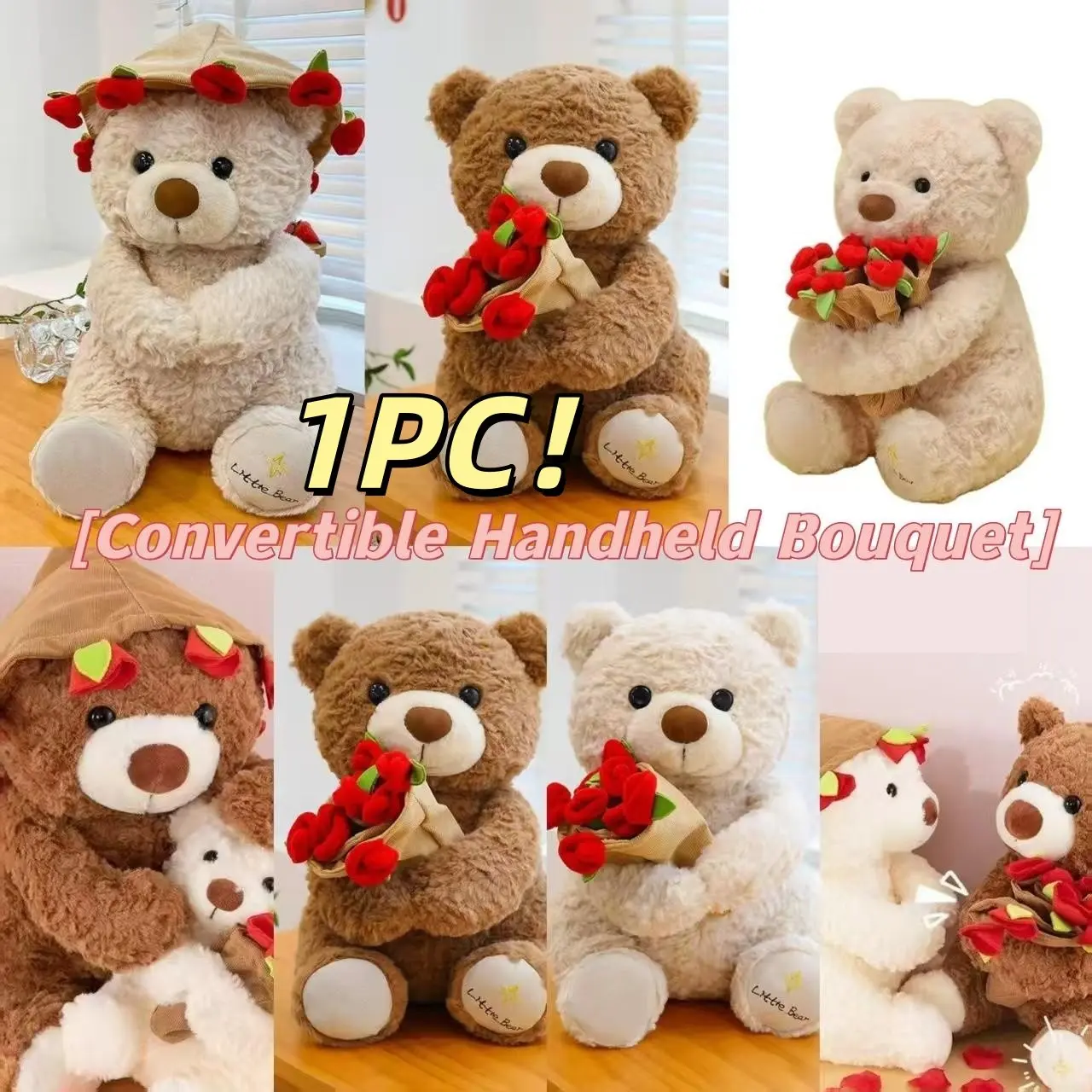 1PC Plush Teddy Bear with Rose Bouquet, Soft Stuffed Animal, Perfect Gift for Mother's Day, Graduation, Back to School, Dorm Essentials, Romantic Gift for Birthdays & Anniversaries