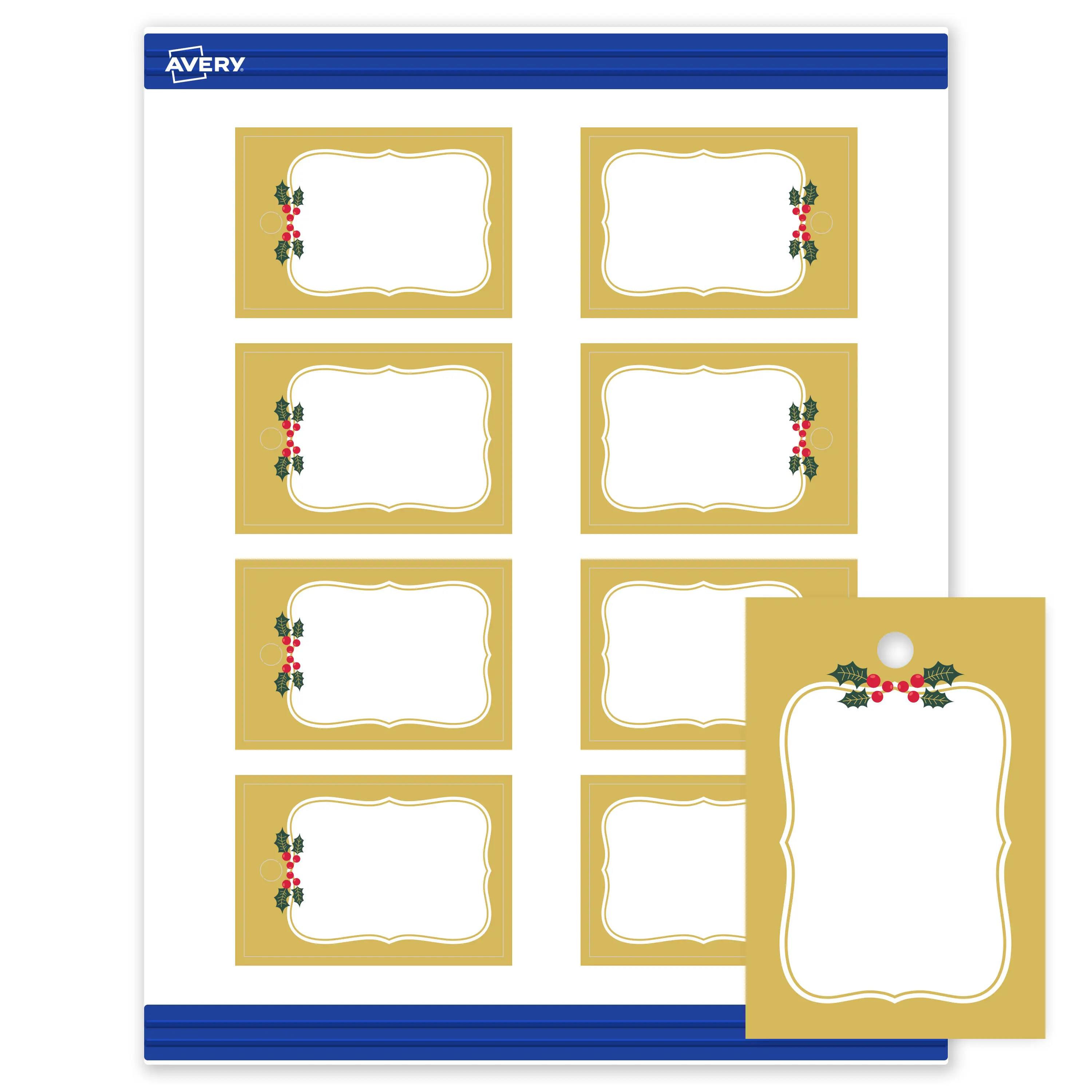 Avery® Printable Christmas Tags with Sure Feed® Technology, Rectangle, 2" x 3", Pre-Printed Metallic Gold Border with Holly Design, Matte White, Laser & Inkjet Compatible, 80 Total
