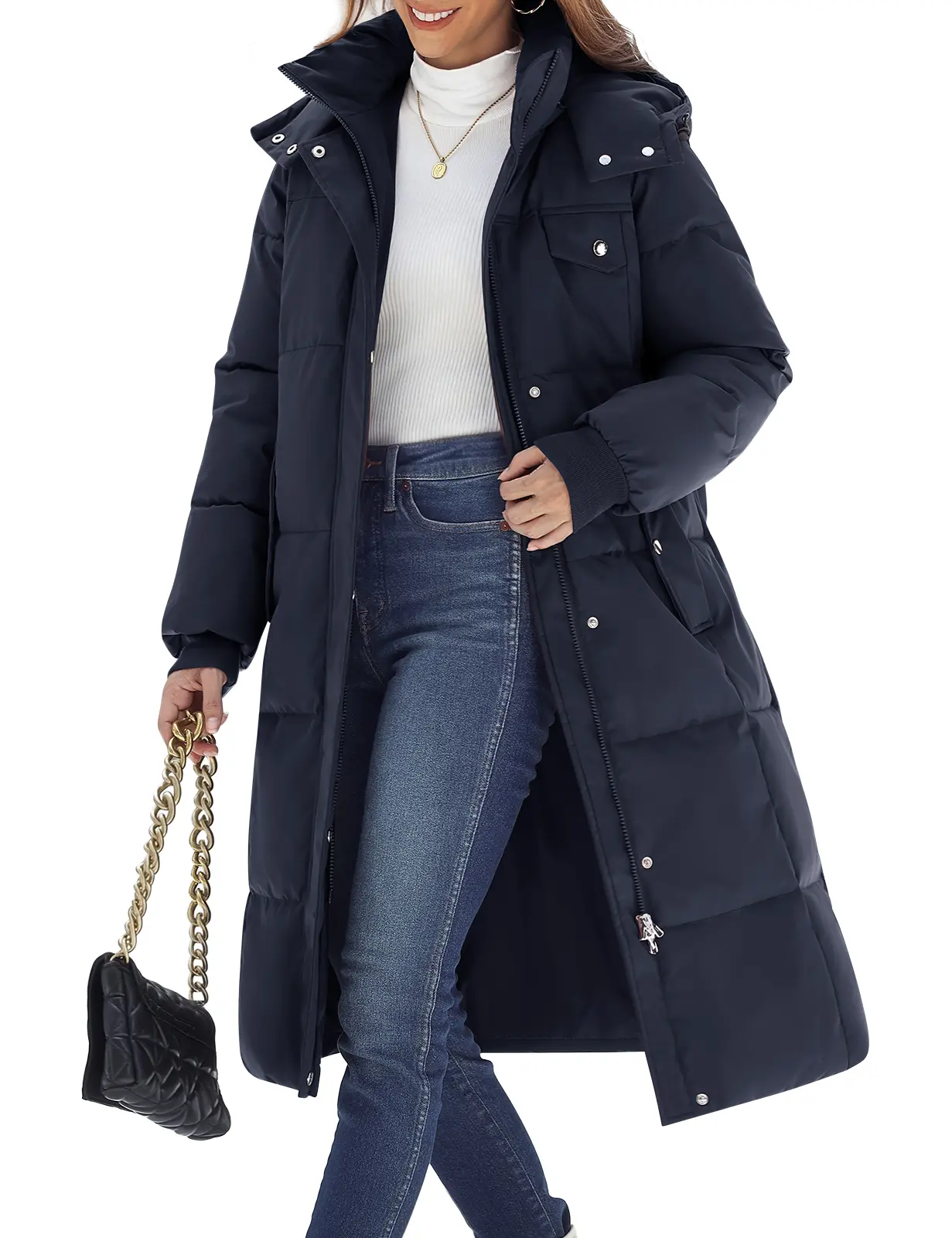 Womens Hooded Long Puffer Jacket Water-Repellent Warm Winter Coat | Elastic Cuffs Zip Up Snap Button Overcoat Windproof Thickened Casual Outerwear with Pockets for Cold Weather