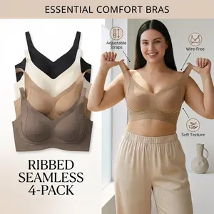 4 Pack Seamless Jelly Bras for Women, Wirefree Everyday Full Coverage Comfort, Ribbed Push Up Bralette, Ultimate Lift Cool Sleep Bra S-4XL, Plus Size
