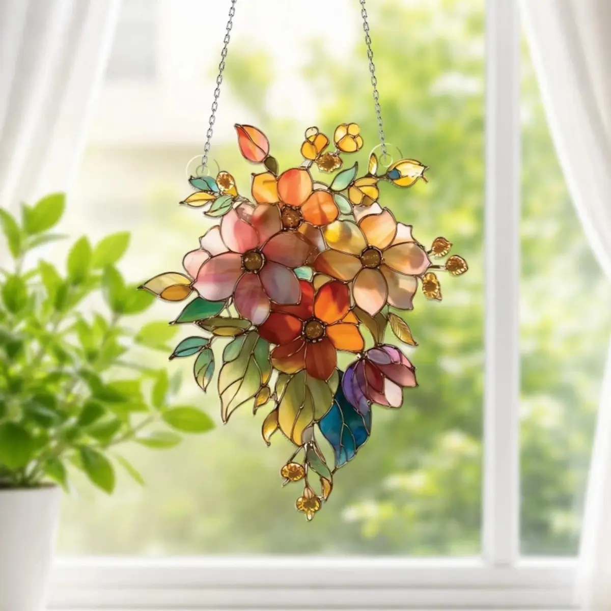 Acrylic Floral Bouquet Suncatcher - Lightweight, Colorful, Glossy Hanging Home Window Ornament, Multi-Size Gift for Valentine's Day, Anniversary (Study Room Compatible)