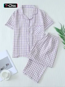 Two-Piece Set Women's Plaid Print Button Front Pocket Shirt & Elastic Waist Pants Pyjama, Casual Comfy Short Sleeve Collared Top & Trousers PJ Set, Ladies Sleepwear for All Seasons Pajama Set Nightwear Sleepwear