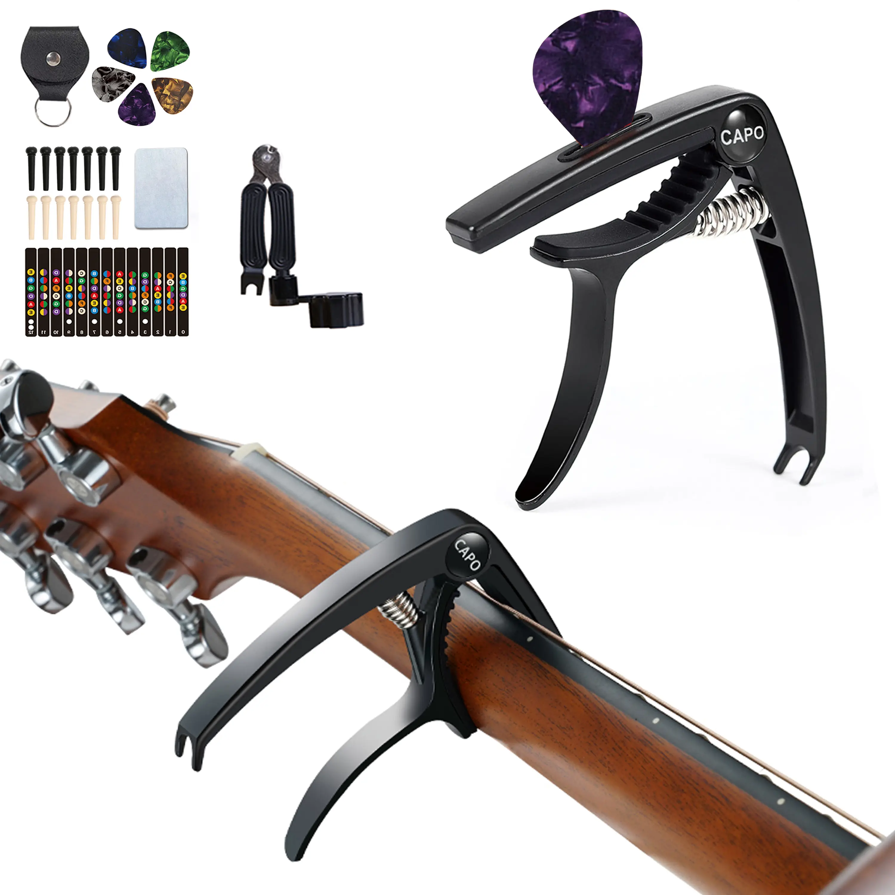 3in1 Guitar Capo Set Zinc Metal Capo for Acoustic Guitar Electric Guitar Ukulele Mandolin Banjo with Pick Holder and 6 Picks Guitar Accessories