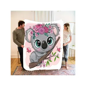 Cute Cartoon Koala with Floral Wreath & Butterflies Pink Throw Blanket