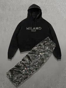 Men's Camo Print Hoodie Set, Casual Long Sleeve Hooded Sweatshirt & Jogger Pants, Fall Winter Daily Wear, Comfortable Streetwear