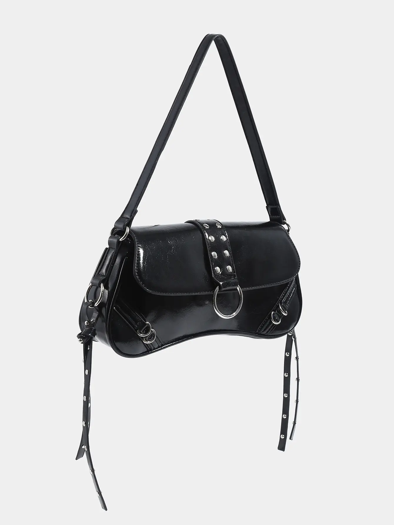 Edgy Y2K Black Baguette Bag for Women - Glossy Faux Leather with