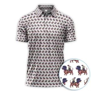 Patriotic Dachshund Golf Polo, USA Flag Wiener Dog Pattern Golf Shirt, Crazy Golf Gift For Golfer