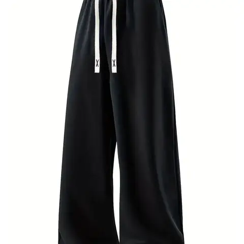 Men's Adjustable Baggy Knitting Sweatpants - Unisex Polyester Loose-Fitting Wide-Leg Pants with Elastic Drawstring Waist, Pockets, Casual Street Sports Wear, All-Seasons Fit