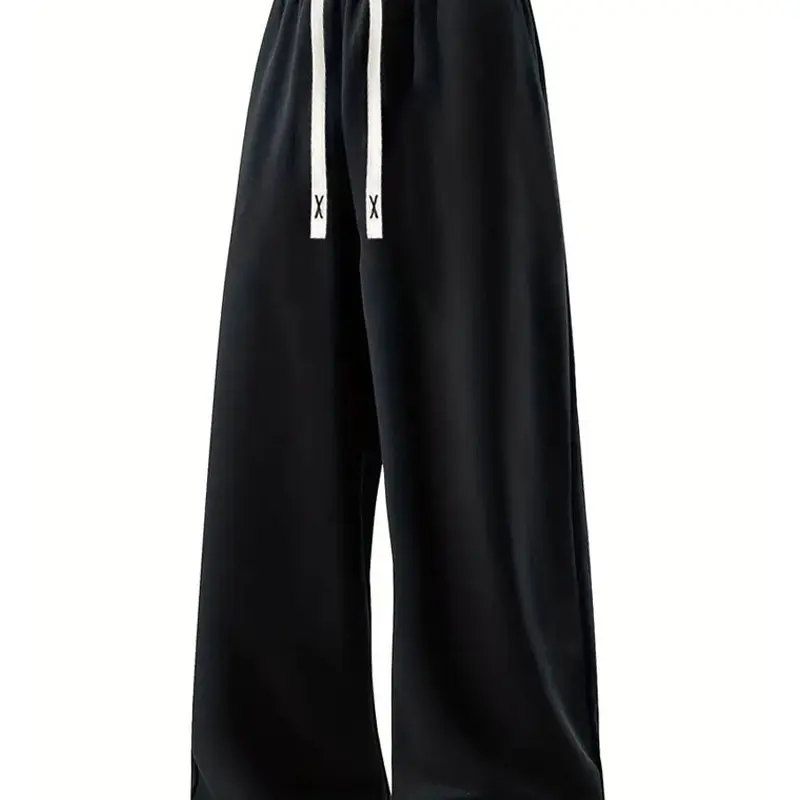 Men's Adjustable Baggy Knitting Sweatpants - Unisex Polyester Loose-Fitting Wide-Leg Pants with Elastic Drawstring Waist, Pockets, Casual Street Sports Wear, All-Seasons Fit