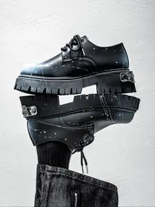 Men's Fashion Thick Sole Rubber Derby Shoes, Height Increasing Leather Loafers, Unique Spray Paint Design, Trendy Stylish Casual Men's Shoes