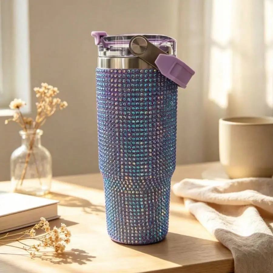 30 oz double-wall insulated stainless steel tumbler with spill-proof lid and straw hole, glitter shiny reusable travel mug for hot and cold drinks, car office camping cup, aesthetic gift for men and women, pink black purple