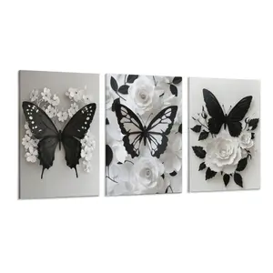Butterfly & Flower Pattern Wall Art, 3 Counts  Canvas Painting, Modern Wall Poster for Home Living Room Bedroom Office Decor, Ornaments(New arrivals in May)