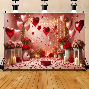 1PC,2D Flat Valentine's Day Romantic Heart Balloon Rose Backdrop, Proposal Confession Wedding Party Decoration Curtain, Photography Scene Layout Prop, Heart Petal Candlelight Warm Backdrop