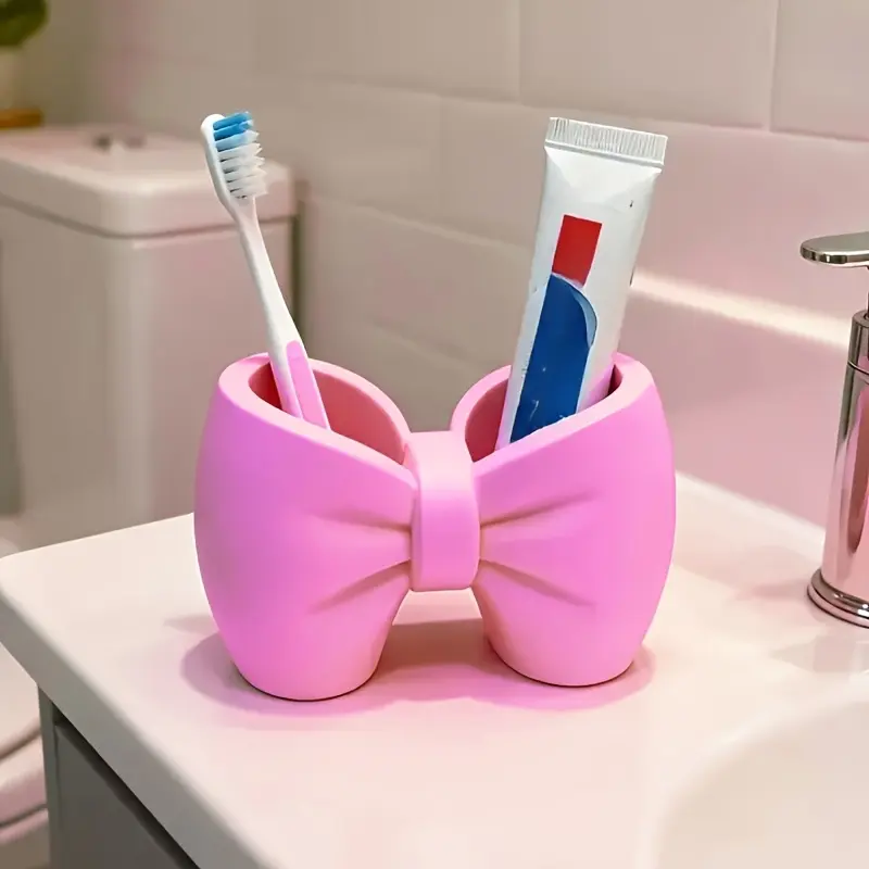 1 bow toothbrush holder (with drainage hole)-cute plastic bathroom storage box Organizer, Bathroom Accessory, independent desktop shelf, suitable for table top, bedside | decorative toothbrush holder, holiday gifts (Valentine's Day/Christmas/New Year).