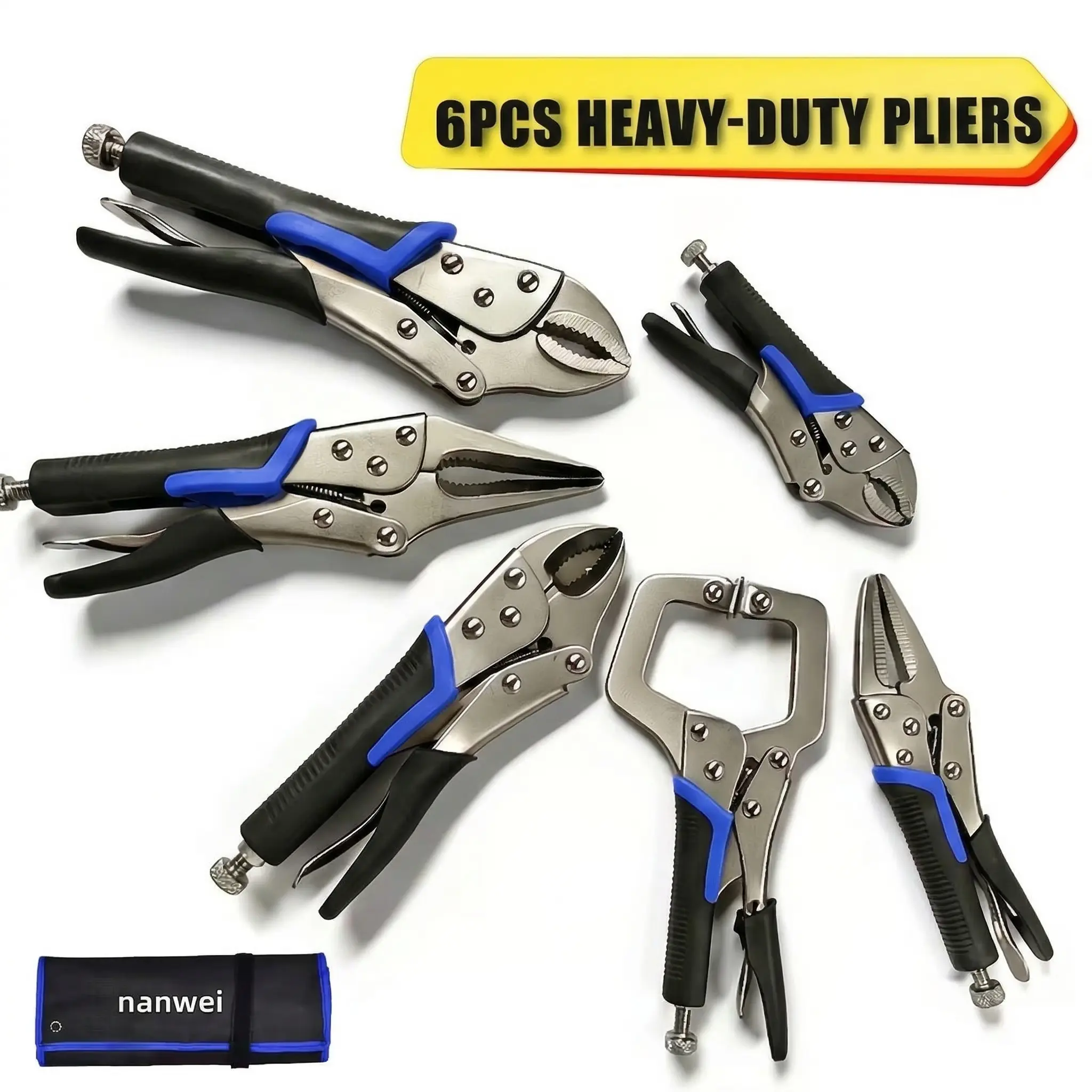 6-Piece Heavy Duty Locking Pliers Set with Roll-Up Tool Bag, Curved Jaw, Needle Nose & C-Clamp Vise Grips for Welding, Woodworking, Automotive & DIY Repair