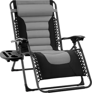 Oversized Padded Zero Gravity Chair, XL Folding Outdoor Recliner with Headrest, Cup Holder Tray, and Polyester Mesh  Best Choice Products