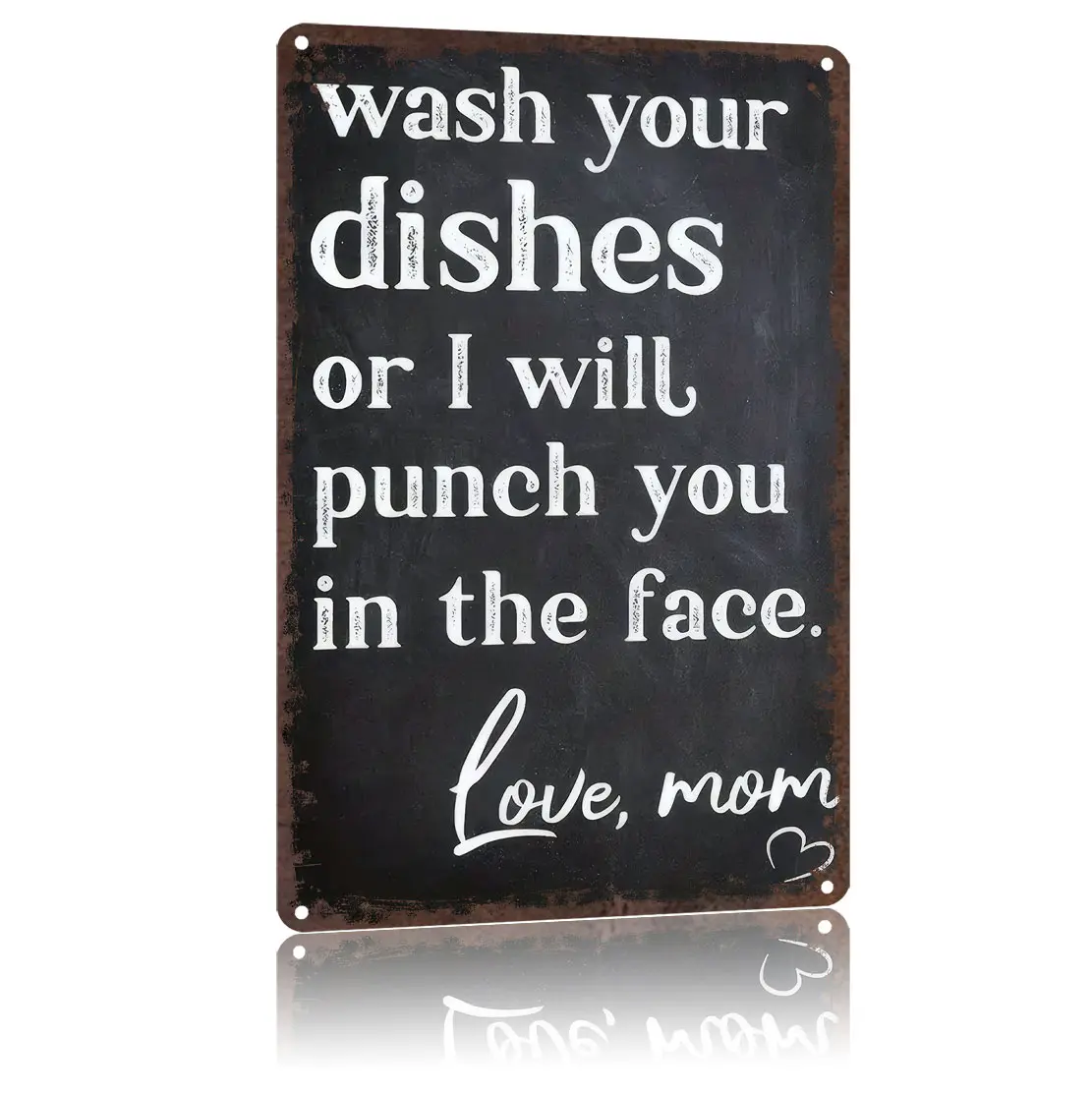 Vintage Aluminum Rectangular Wall Plaque, 12x8in Funny Mom Gift with Dish Duty Reminder Quote - Kitchen Decor, Vintage Metal Look Indoors Wall Hanging Sign ("Wash Your Dishes Or I Will Punch You in the Face - Love, Mom")