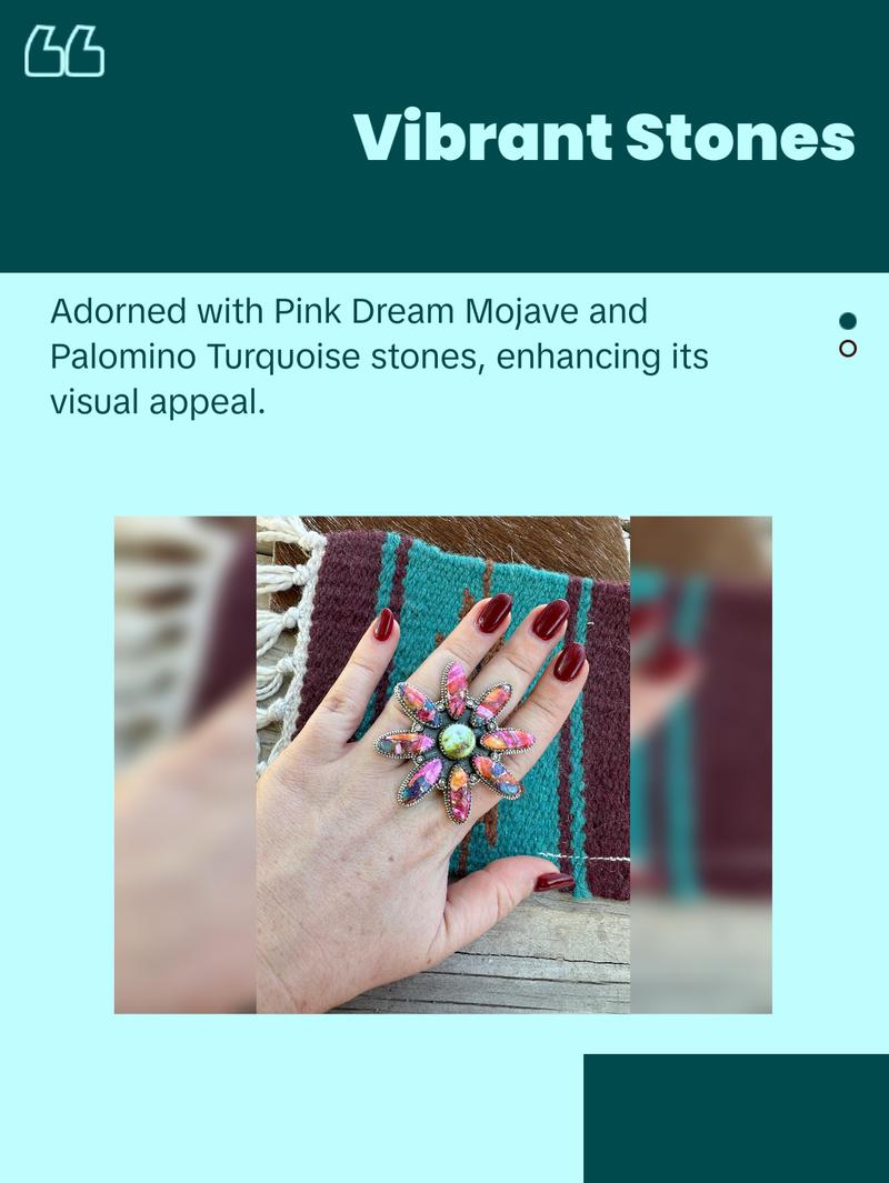 Nizhoni Handmade Pink Dream Mojave, Palomino Turquoise & Sterling Silver Adjustable Flower Ring