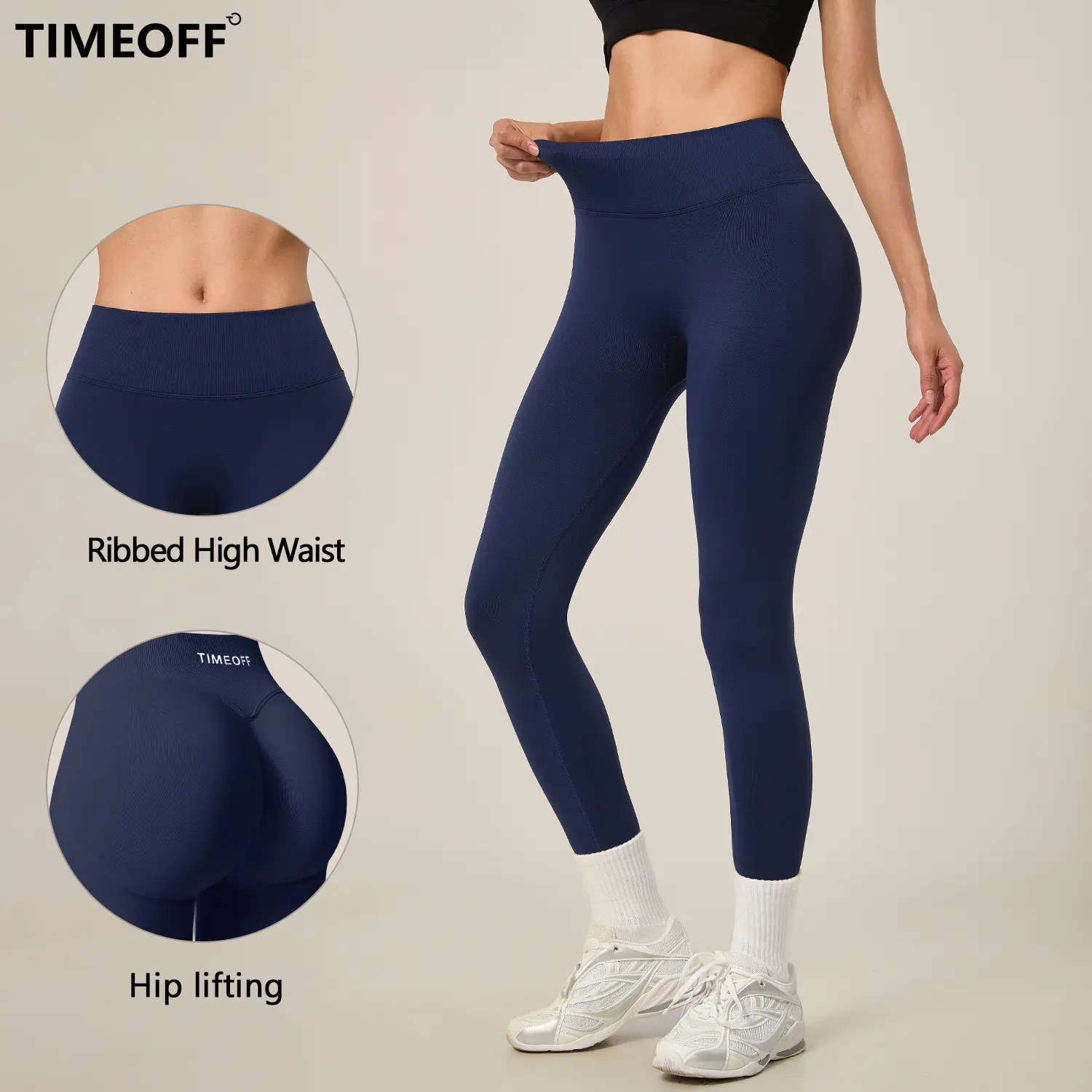 TIMEOFF Female Seamless High Waist Yoga Leggings - 90% Polyamide, Ribbed Waistband, Hip Lifting, Tummy Control Slim Fit, Non-Rolling, Stretchy Soft Fabric, All Seasons Gym Workout Apparel, Seamless Legging