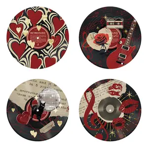 4pcs Vintage Music Record Decor Set, Heart Sheet Music, Lip Print Cat, Disco Ball, Guitar, Rose, Tape Elements, 8x8 Inch, Wall Art Decoration