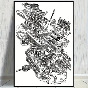 1pc Engine Canvas Art Poster - 12x18 inch Car Heart Illustration, Auto Repair Wall Decor, Mechanical Teaching Aid - For Motorcycle Enthusiasts - Suitable for Home & Bedroom Decoration - Perfect Gift for Car Lovers