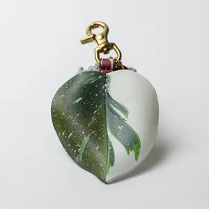 Philodendron White Knight Leather Bag Charm, Plant Key Chain, Bag Accessories, Small Size Decor with Shiny Brass Clasp, Plant Lovers Gift