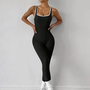 Elegant Black Bodysuit with White Trim Slim Fit Sleeveless High Waist Perfect for Casual Sports Wear Womenswear Open Back Jumpsuit 90% Nylon 10% Spandex