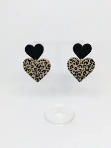 #231 Black & Cheetah Print Hearts Stud Earrings, Casual, Daily, Acrylic, Everyday Jewelry