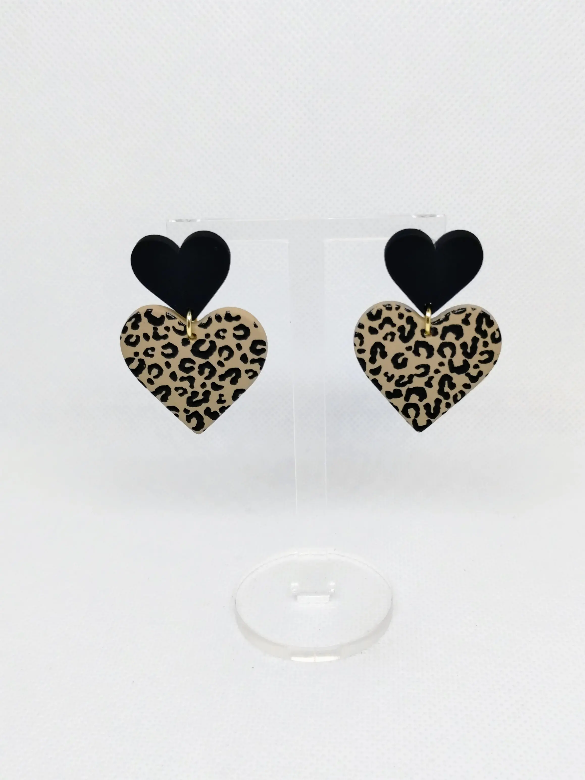 #231 Black & Cheetah Print Hearts Stud Earrings, Casual, Daily, Acrylic, Everyday Jewelry