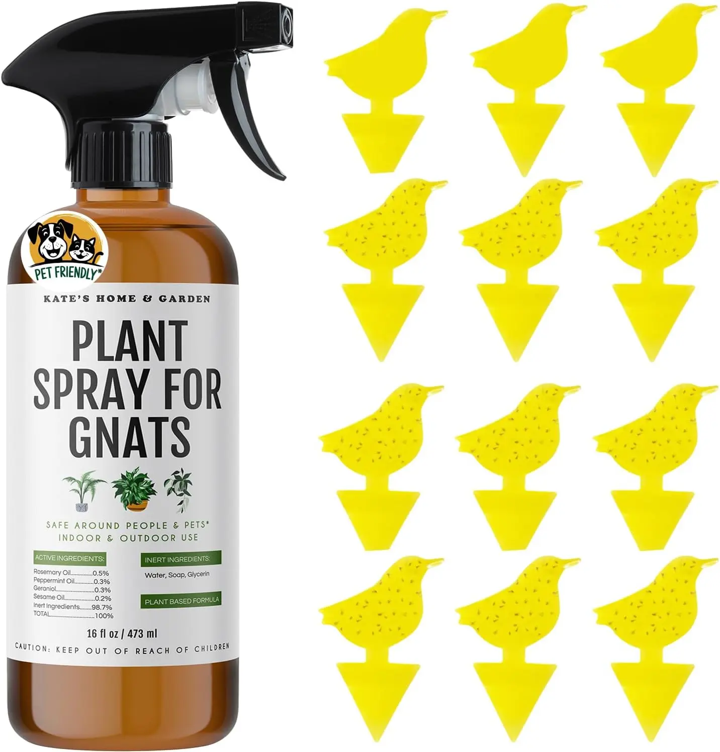 Kate's Home & Garden Plant Gnat Killer Spray 16oz with 12 Sticky Traps