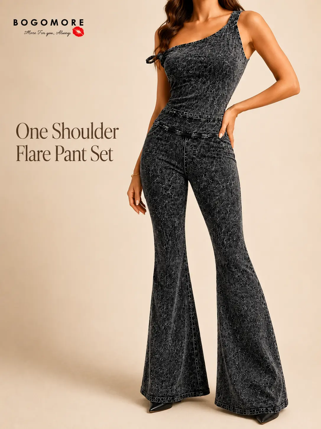 Women's 2-Piece Boho Mineral Wash Cotton Casual Set - 1-Shoulder Sleeveless Top, High-Waist Bell Bottom Flared Leg Pants, Flattering Fit for Everyday Wear Fabric Womenswear