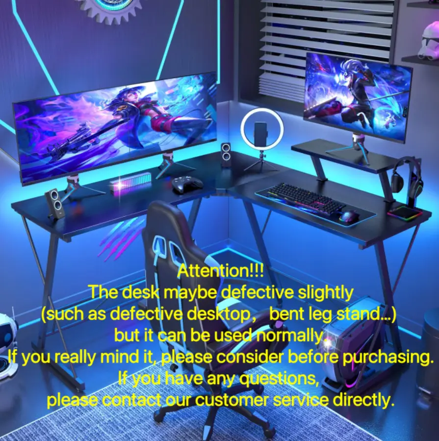 【May Defective】Mr IRONSTONE L Shaped Gaming Desk Corner Computer Desk,L shaped desk, Home Office Desks Writing Workstation with Large Monitor Stand, E