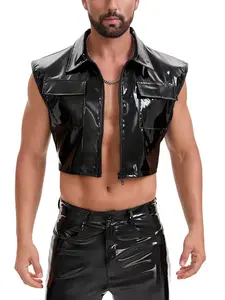 Men's Shiny Leather Short Top, Sexy Slim Fit Collared Shirt, Sleeveless with Pockets, Half-Length Blouse for Clubwear