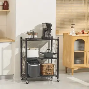 495 LBS Capacity 3-Tier Foldable Metal Shelf, Heavy Duty Folding Shelving Unit On Wheels, Moving Easily Organizer Shelves for Garage Kitchen Living Room, Bedroom, Classroom