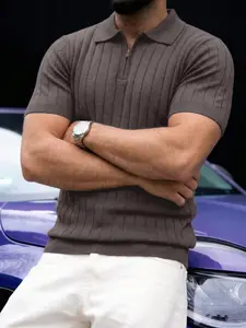 New Summer Autumn Pure Color Polo Shirt, Striped Vintage Casual Style, High-End Slim Fit Half Open Lapel Zipper Business Short Sleeve Knit Top, Daily Wear, Versatile Men's Clothing